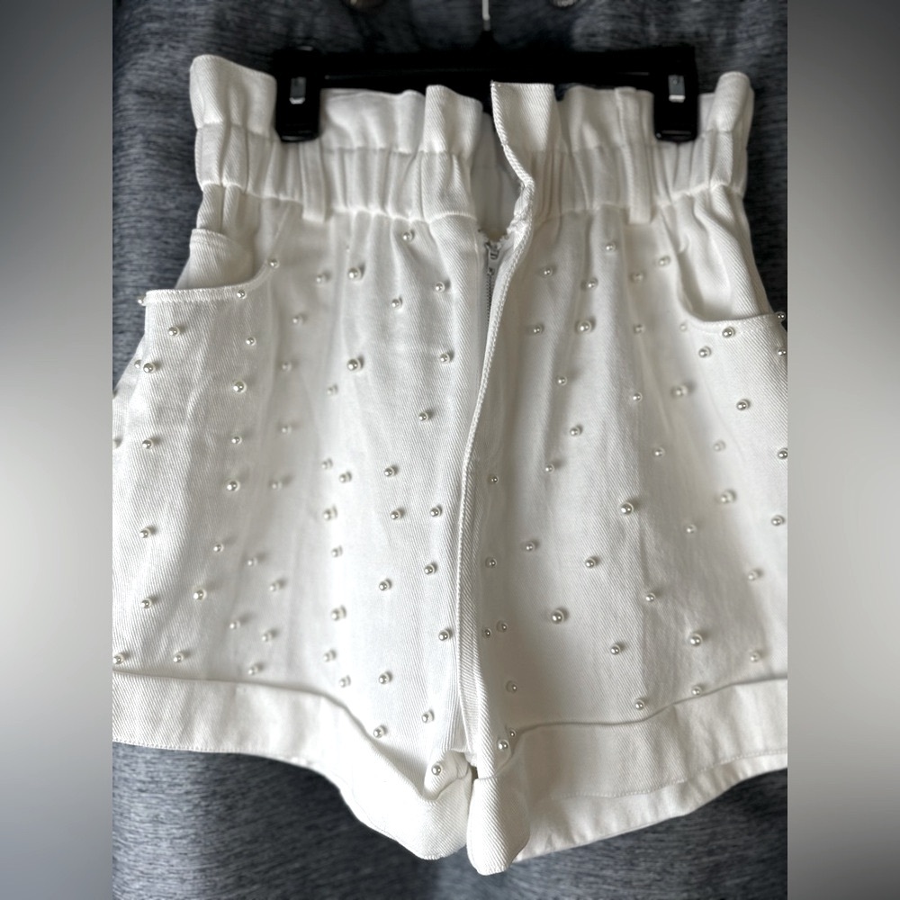 White Denim Shorts with Pearl Embellishments